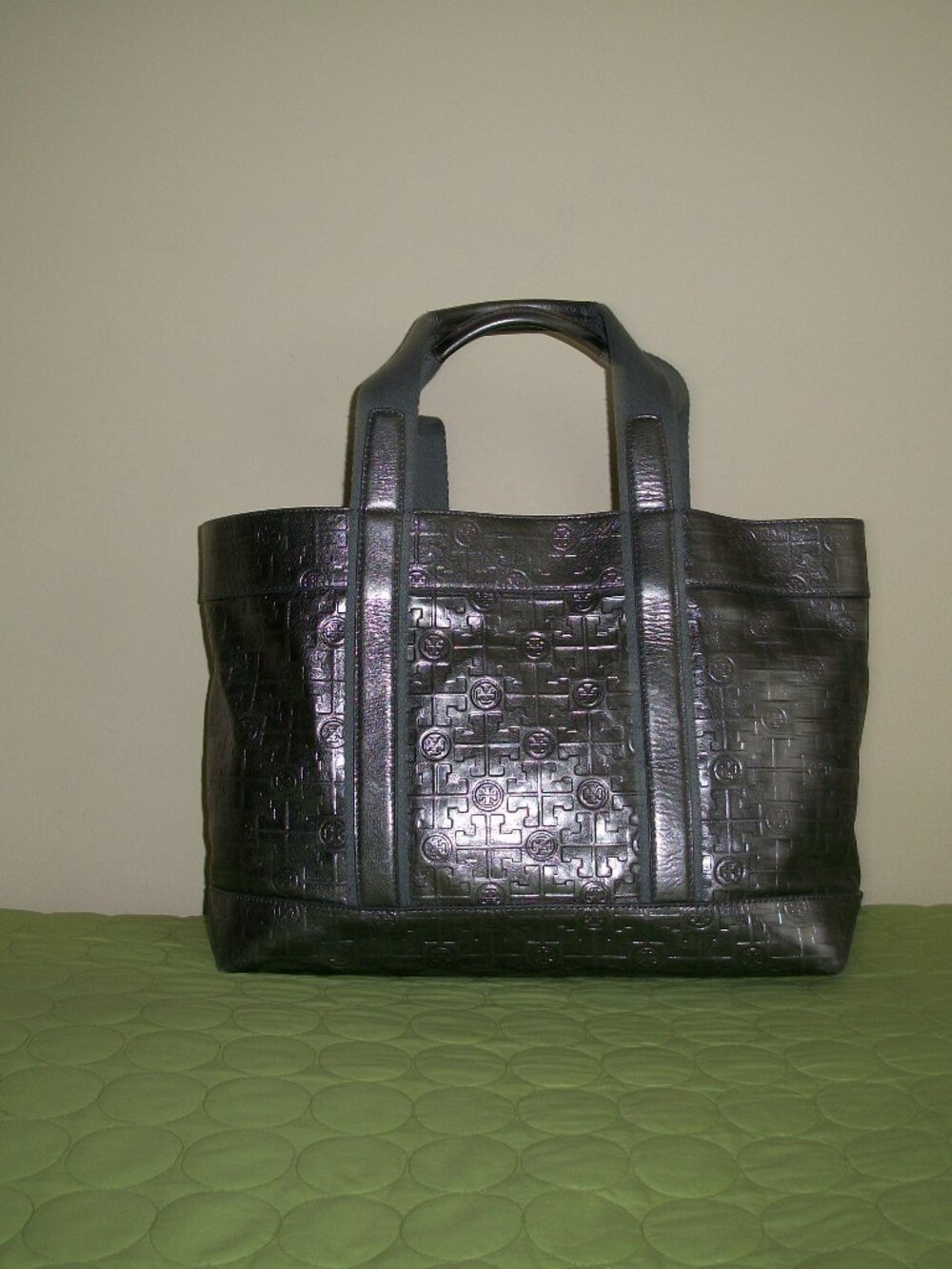 Tory Burch  Metallic Pewter Leather Embossed Tote